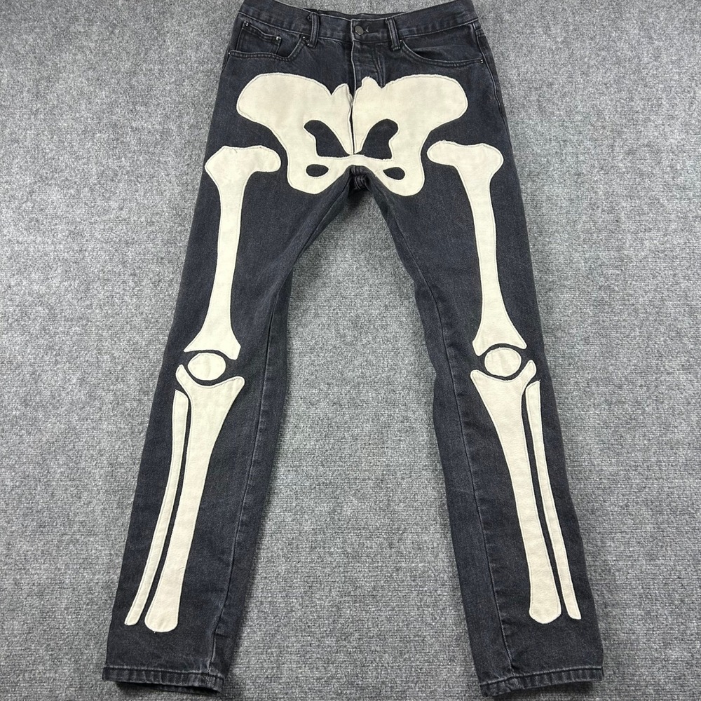 MNML Jeans Mens 34 Black Skeleton Bone Applique Denim Streetwear Goth Pants
